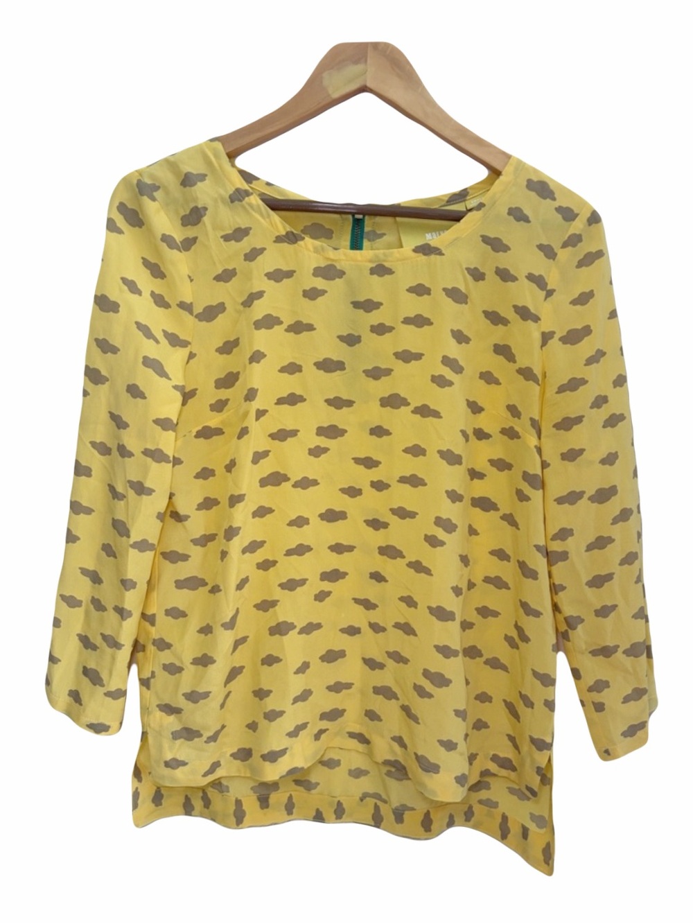 Anthropologie Linosa 100% Silk Yellow Gray Clouds Printed Women's Blouse Small